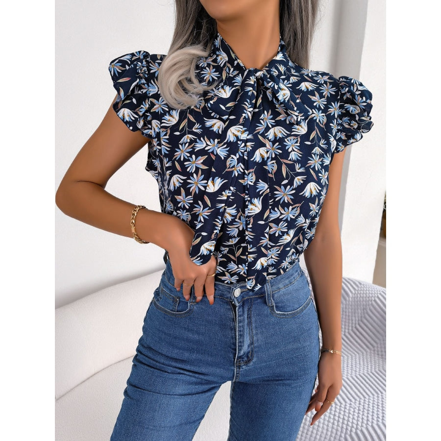 Floral Tie Neck Flutter Sleeve Blouse