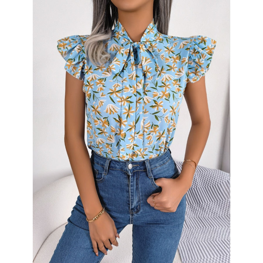 Floral Tie Neck Flutter Sleeve Blouse