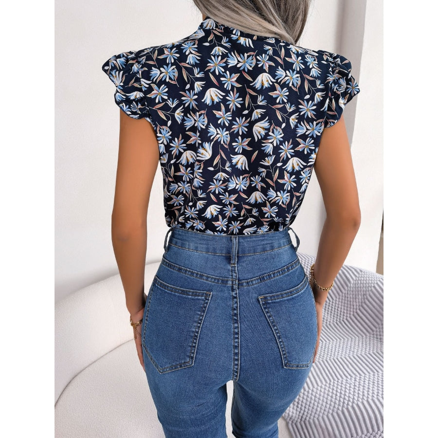 Floral Tie Neck Flutter Sleeve Blouse