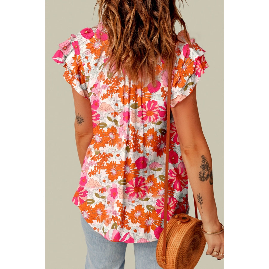 Floral Tie Neck Flutter Sleeve Blouse