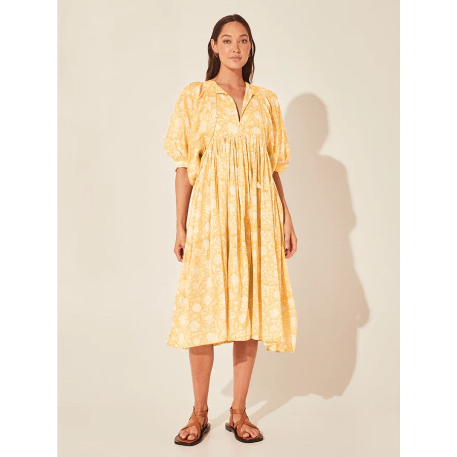 Floral Tie Neck Lantern Sleeve Dress Mustard / S