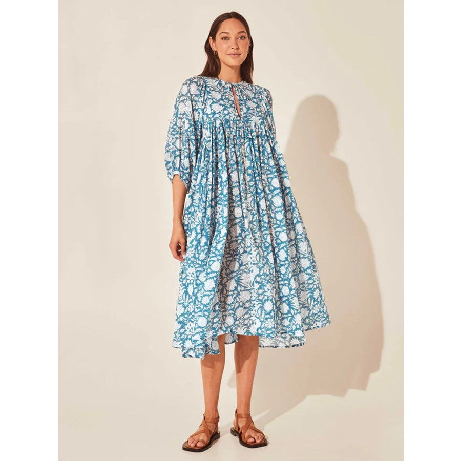 Floral Tie Neck Lantern Sleeve Dress Pastel Blue / S