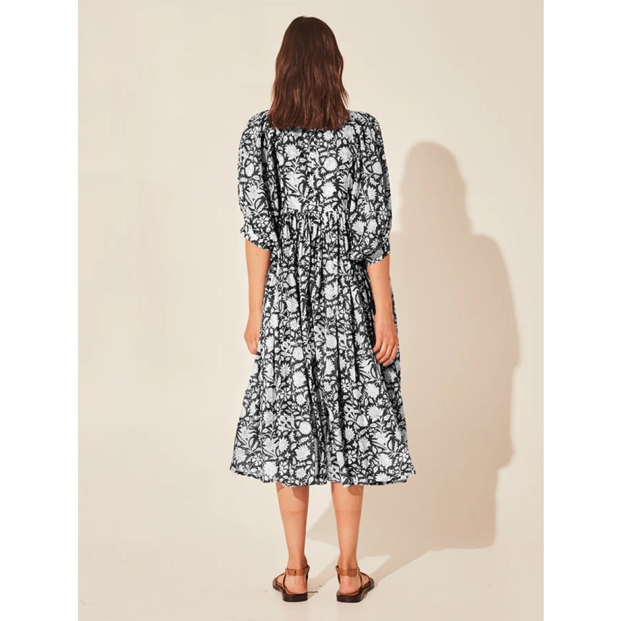 Floral Tie Neck Lantern Sleeve Dress