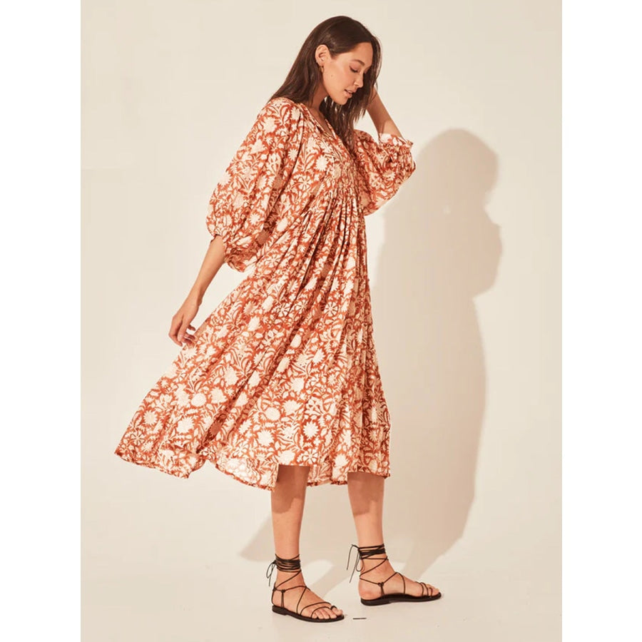 Floral Tie Neck Lantern Sleeve Dress