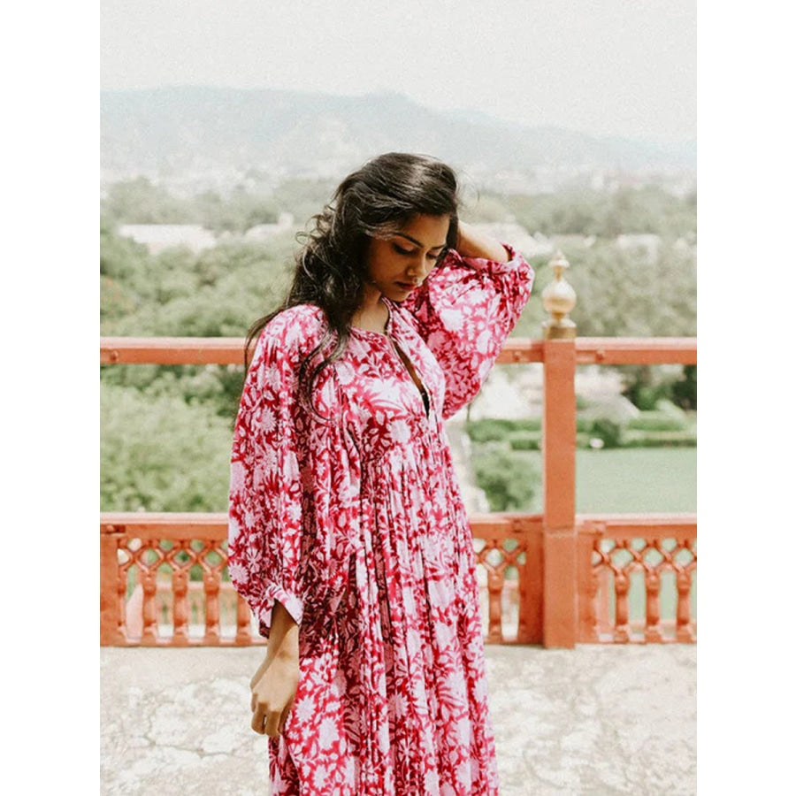 Floral Tie Neck Lantern Sleeve Dress