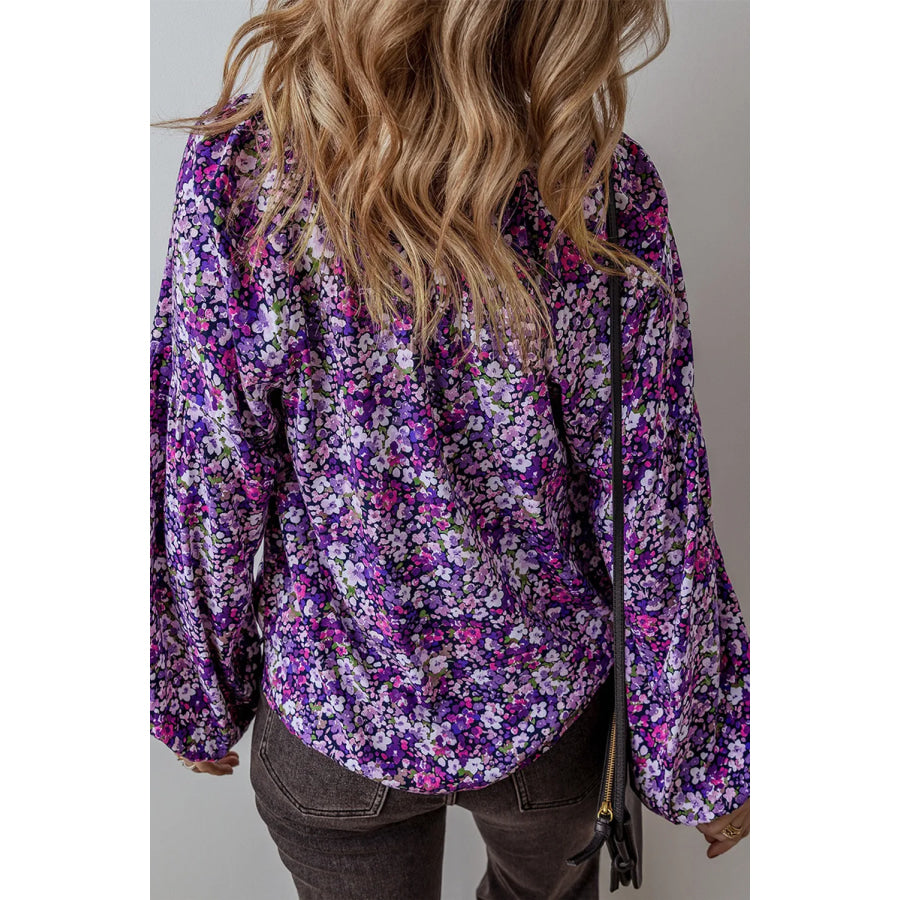 Floral Tie Neck Long Sleeve Blouse Apparel and Accessories