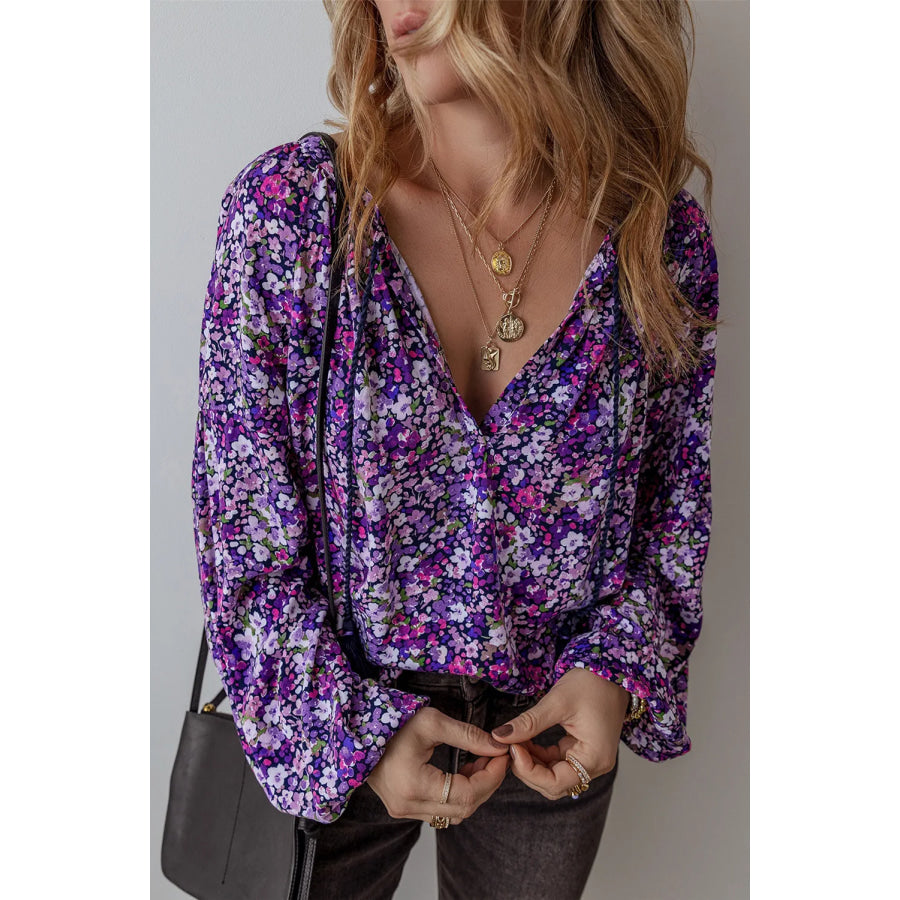 Floral Tie Neck Long Sleeve Blouse Electric Purple / S Apparel and Accessories