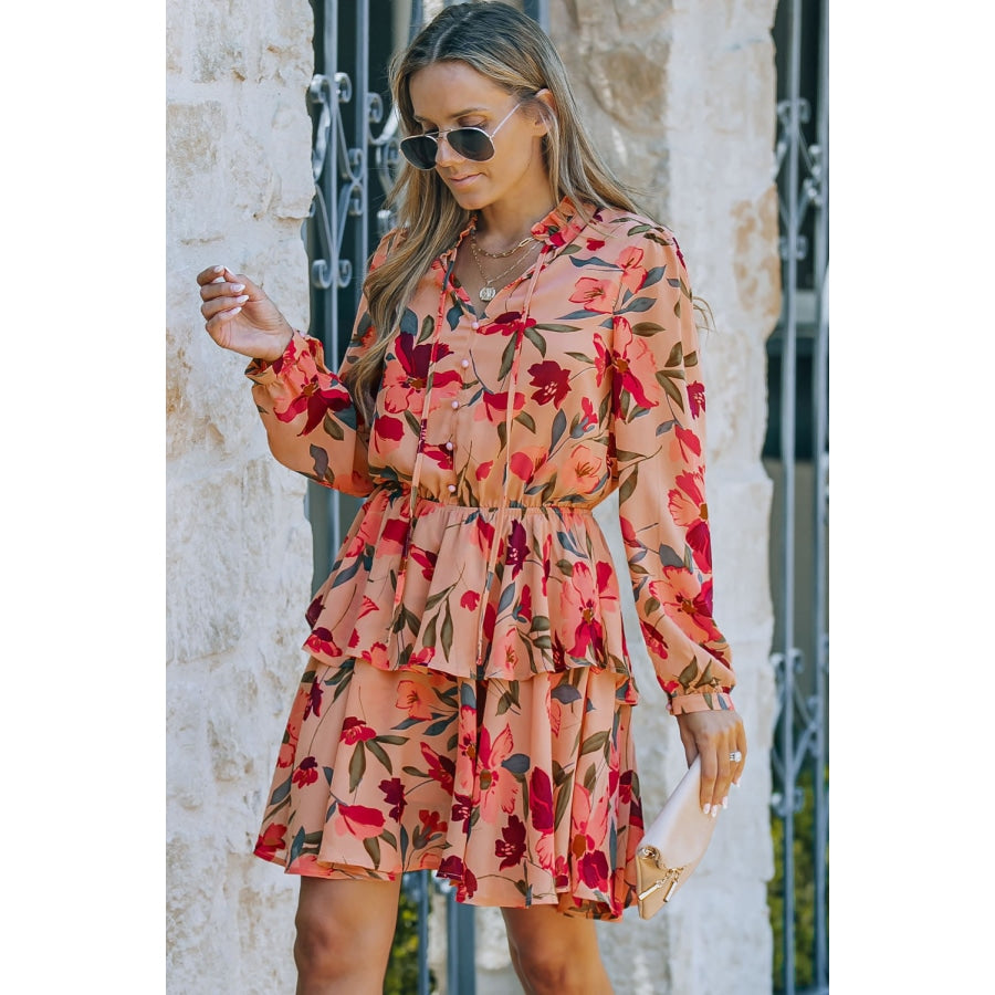 Floral Tie Neck Long Sleeve Layered Dress