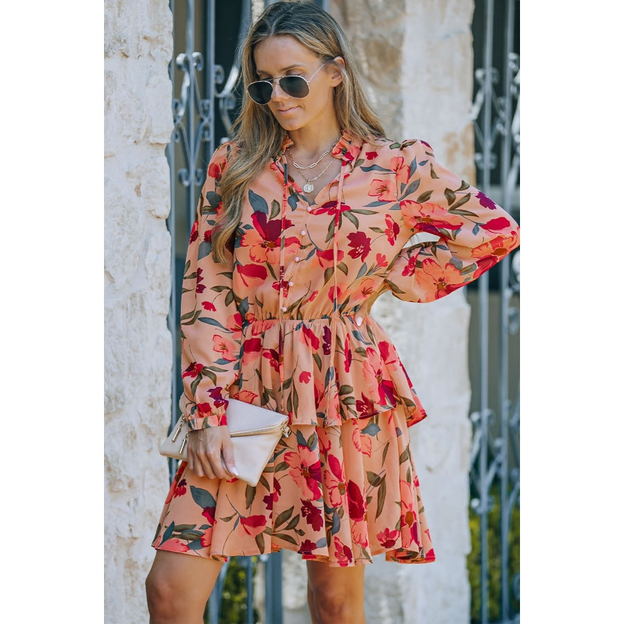 Floral Tie Neck Long Sleeve Layered Dress