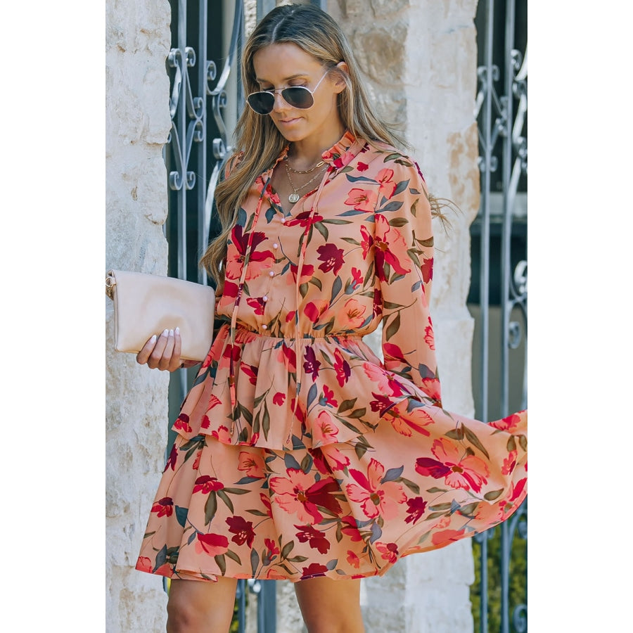 Floral Tie Neck Long Sleeve Layered Dress