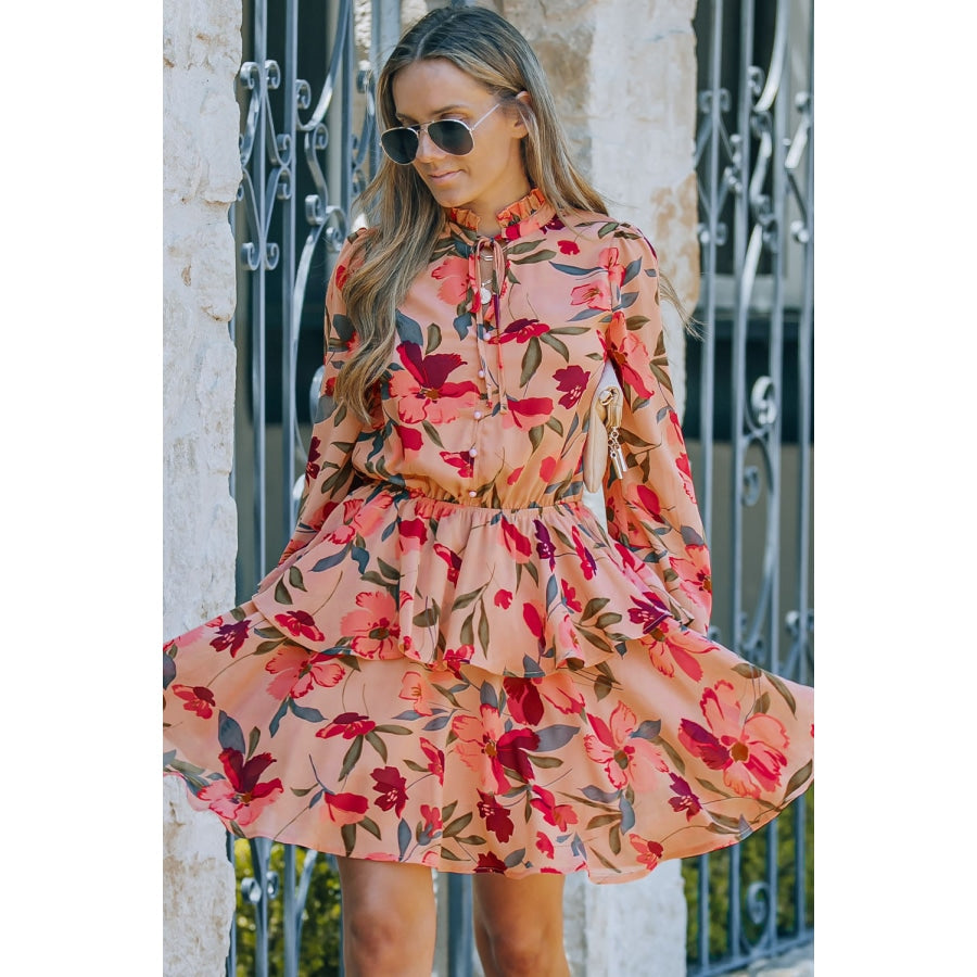 Floral Tie Neck Long Sleeve Layered Dress