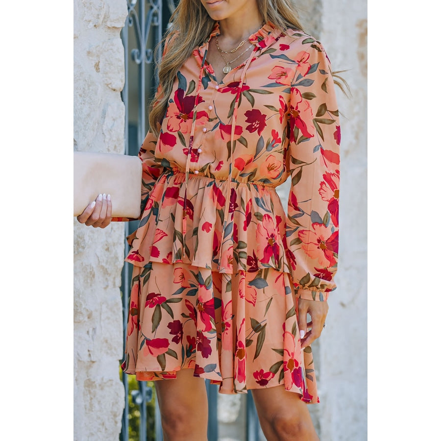 Floral Tie Neck Long Sleeve Layered Dress