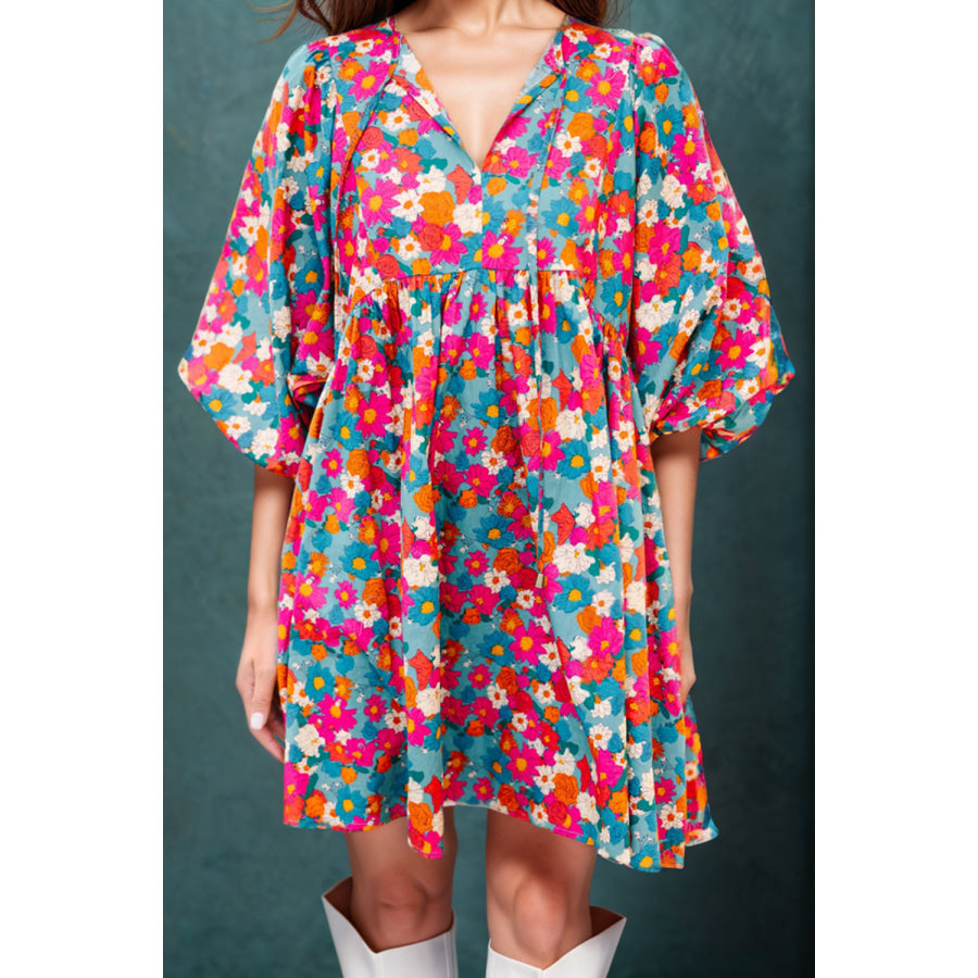 Floral Tie Neck Puff Sleeve Mini Dress Apparel and Accessories