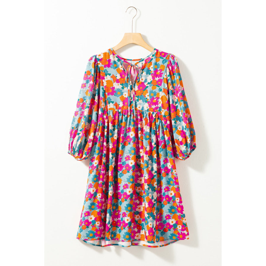 Floral Tie Neck Puff Sleeve Mini Dress Apparel and Accessories