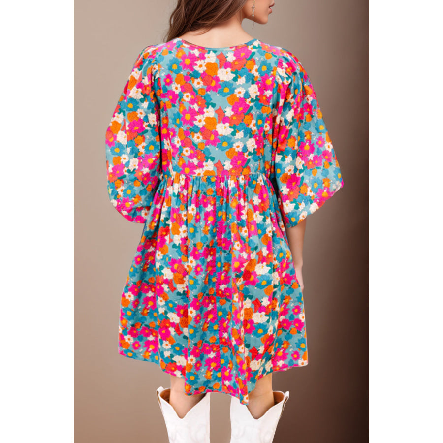 Floral Tie Neck Puff Sleeve Mini Dress Apparel and Accessories