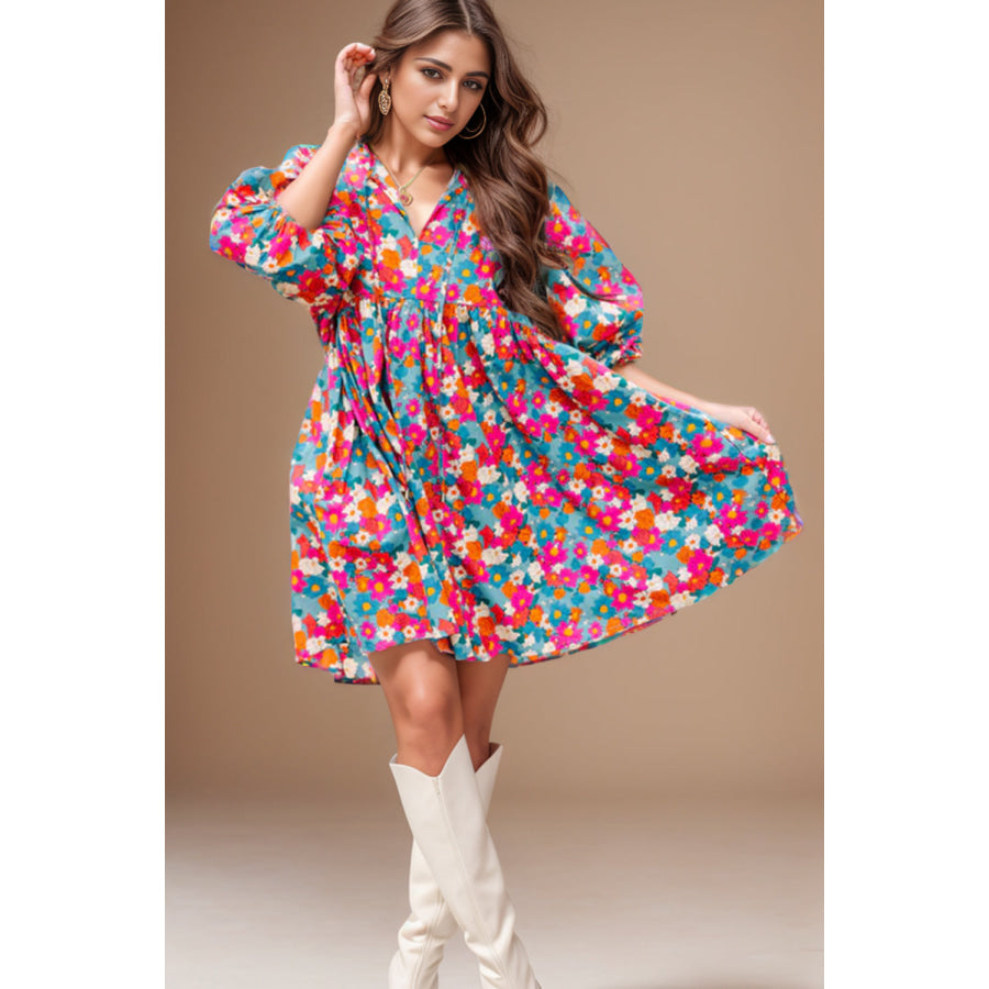 Floral Tie Neck Puff Sleeve Mini Dress / S Apparel and Accessories