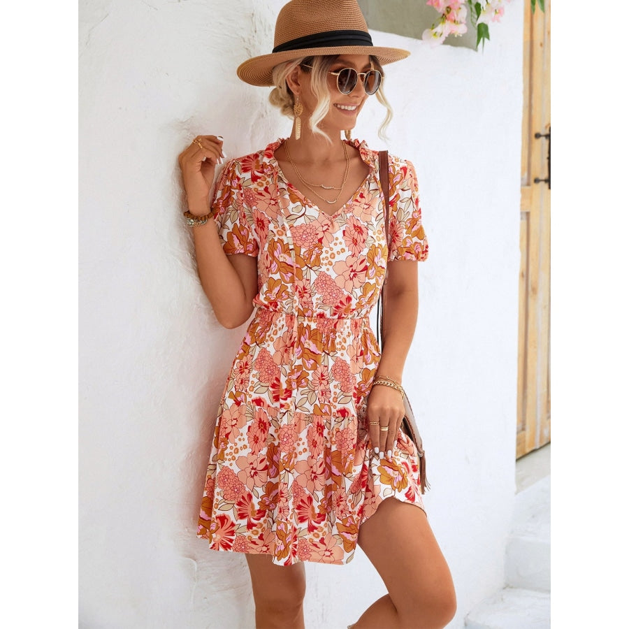 Floral Tie Neck Puff Sleeve Tiered Dress Orange / S