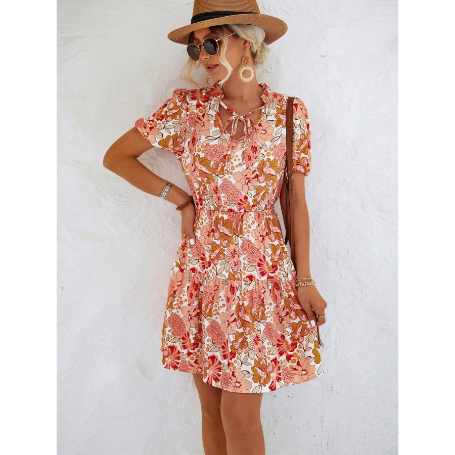 Floral Tie Neck Puff Sleeve Tiered Dress Orange / S