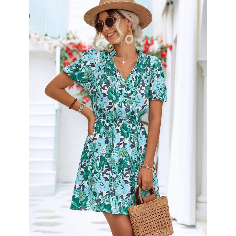 Floral Tie Neck Puff Sleeve Tiered Dress