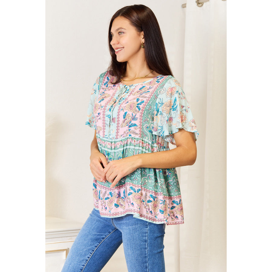 Floral Tie Neck Short Sleeve Blouse Apparel and Accessories