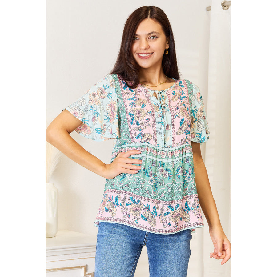 Floral Tie Neck Short Sleeve Blouse Apparel and Accessories