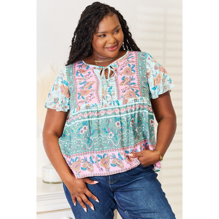 Floral Tie Neck Short Sleeve Blouse Multicolor / S Apparel and Accessories