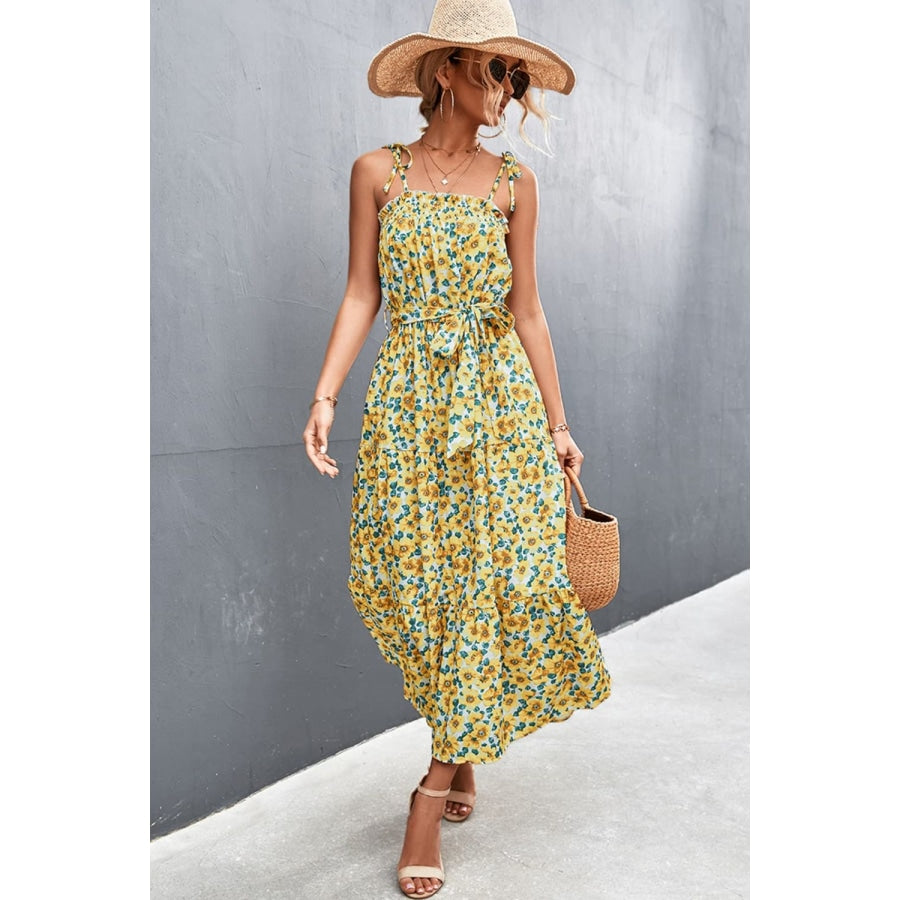 Floral Tie-Shoulder Belted Dress Straw / S