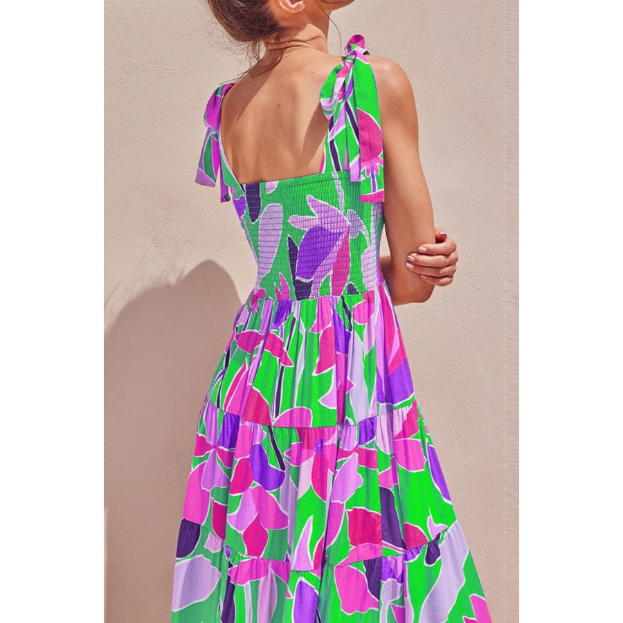 Floral Tie-Shoulder Smocked Midi Dress