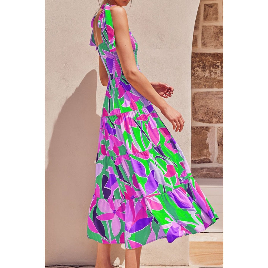 Floral Tie-Shoulder Smocked Midi Dress