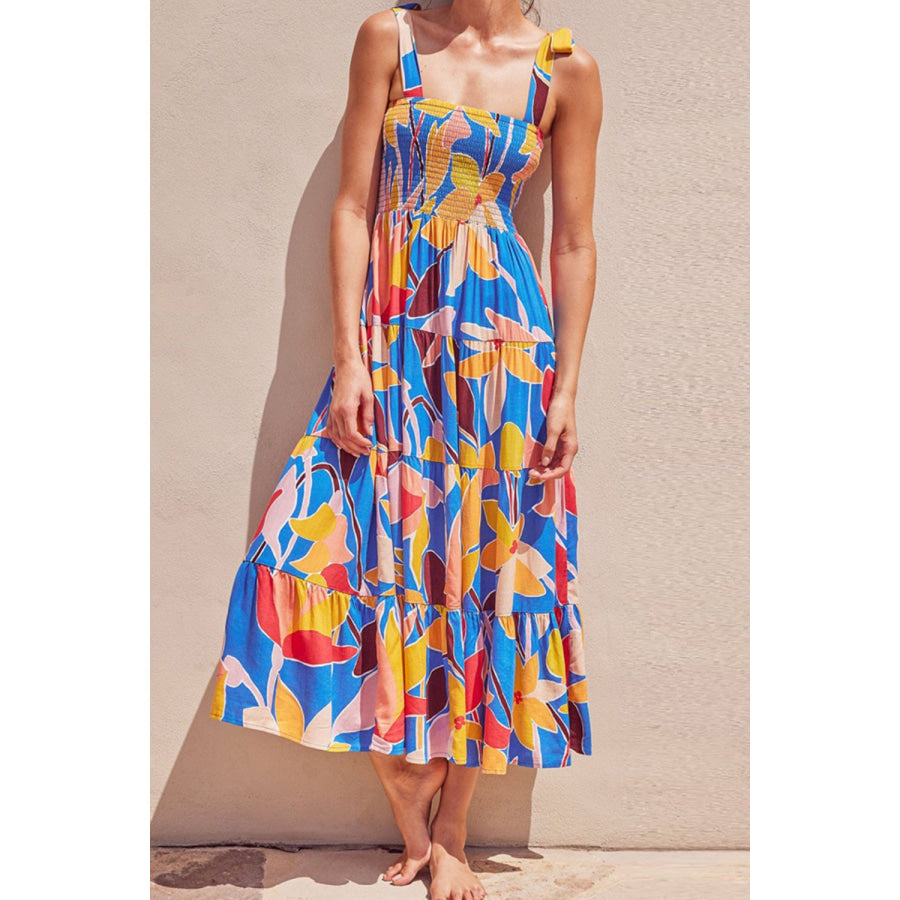 Floral Tie Shoulder Smocked Tiered Dress Multicolor / S