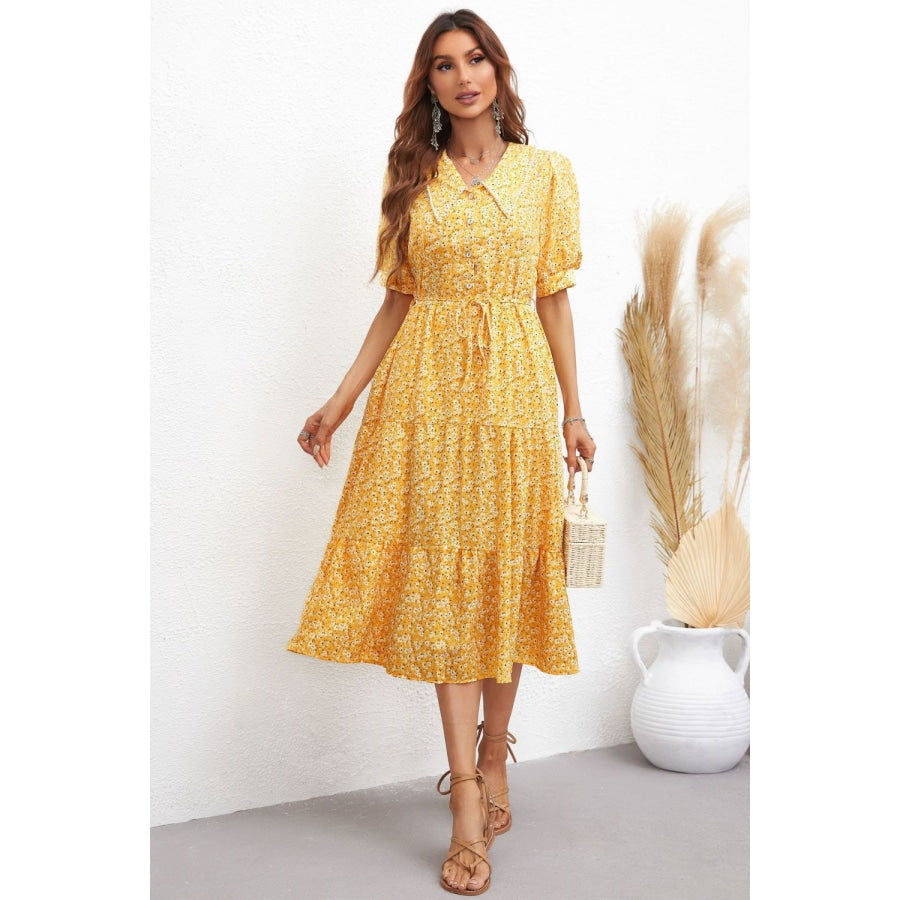 Floral Tie Waist Collared Neck Tiered Dress Mustard / S