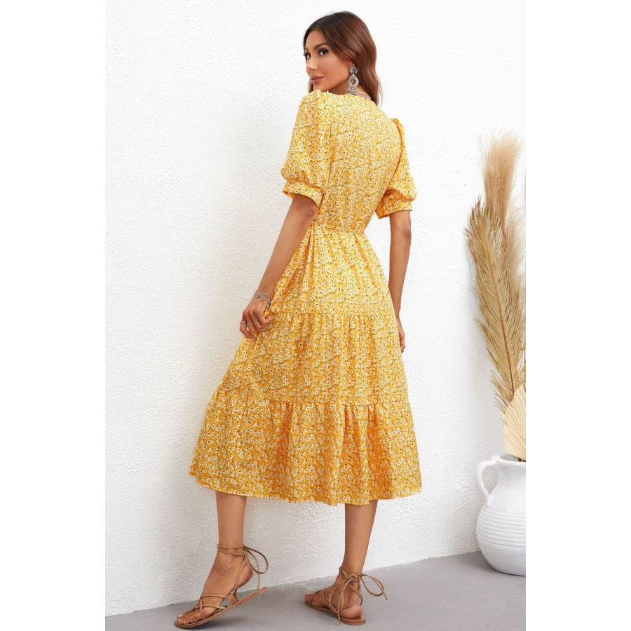 Floral Tie Waist Collared Neck Tiered Dress Mustard / S