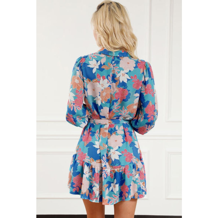 Floral Tie Waist Lantern Sleeve Ruffled Hem Mini Dress Clothing