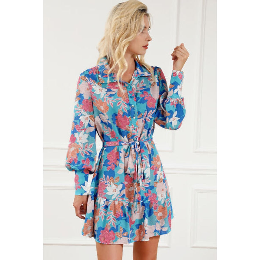 Floral Tie Waist Lantern Sleeve Ruffled Hem Mini Dress Clothing