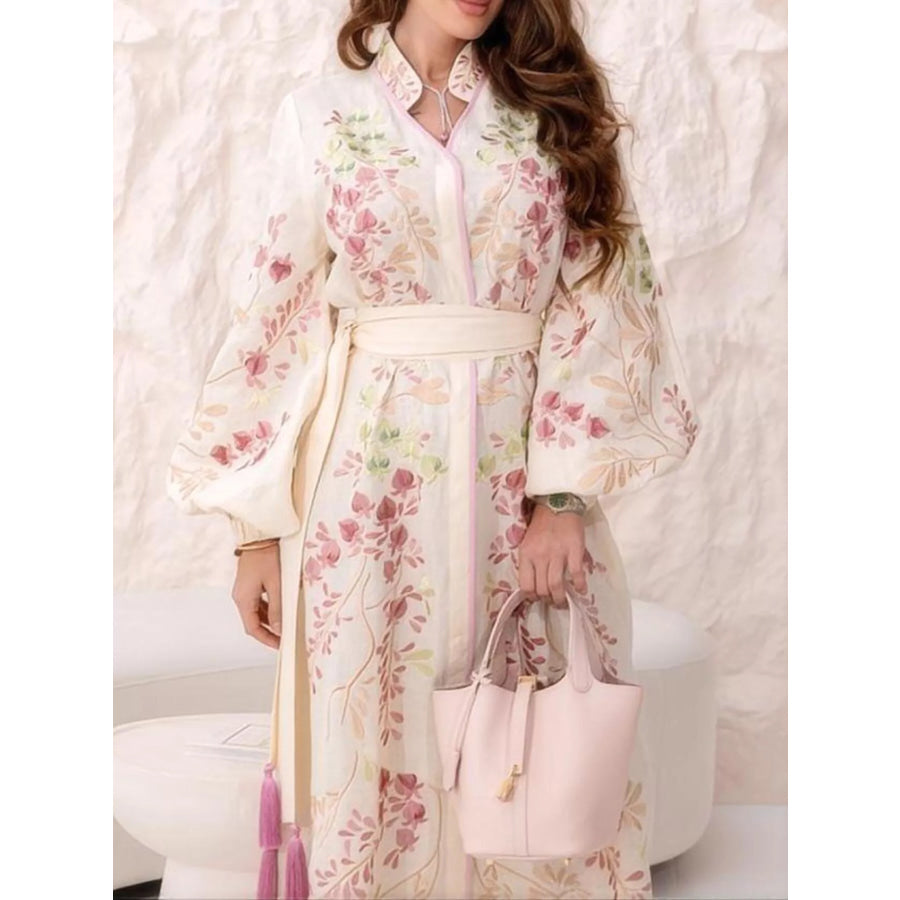 Floral Tie Waist Long-Sleeve Maxi Dress Apparel and Accessories