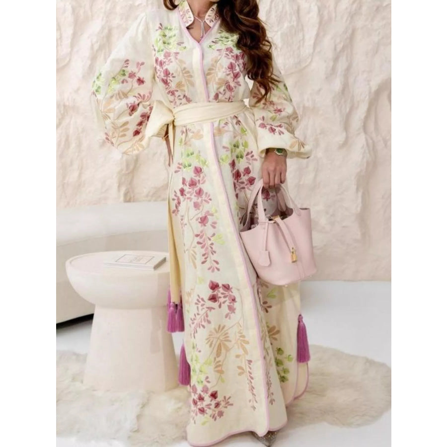 Floral Tie Waist Long-Sleeve Maxi Dress Apparel and Accessories