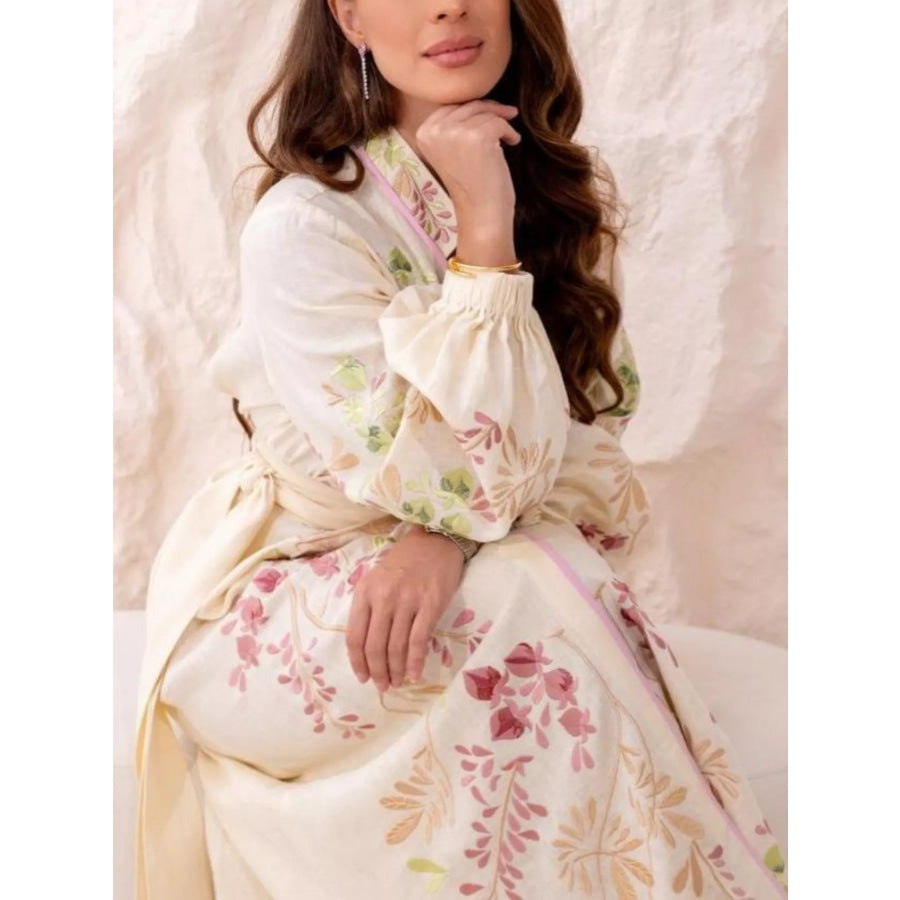 Floral Tie Waist Long-Sleeve Maxi Dress Apparel and Accessories