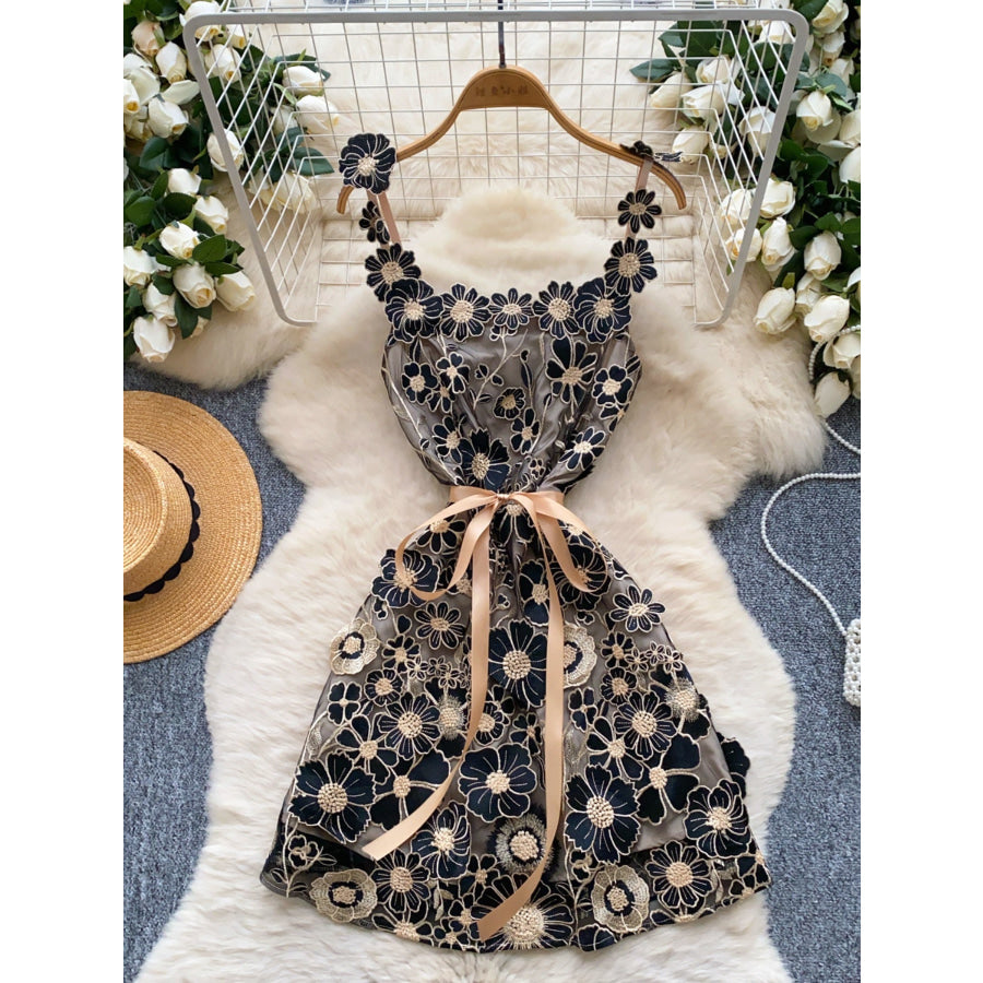Floral Tie Waist Mini Dress Black Gold / M Apparel and Accessories
