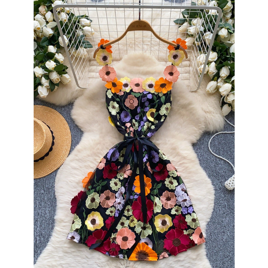 Floral Tie Waist Mini Dress Black & Orange / M Apparel and Accessories