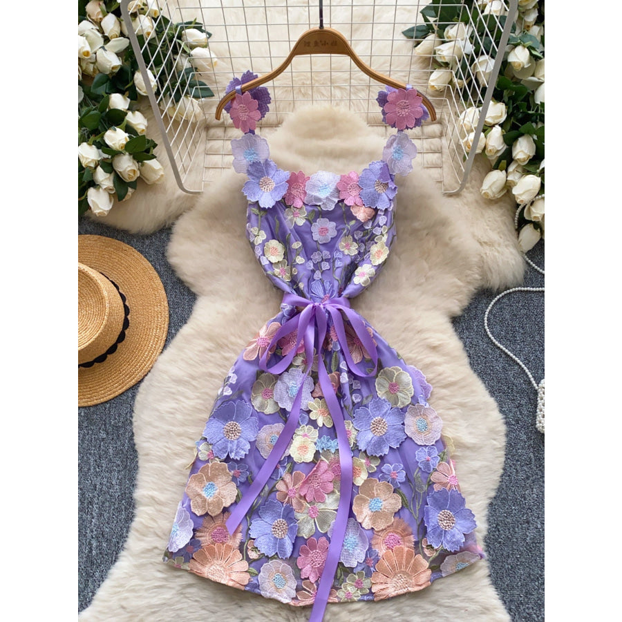 Floral Tie Waist Mini Dress Purple / M Apparel and Accessories