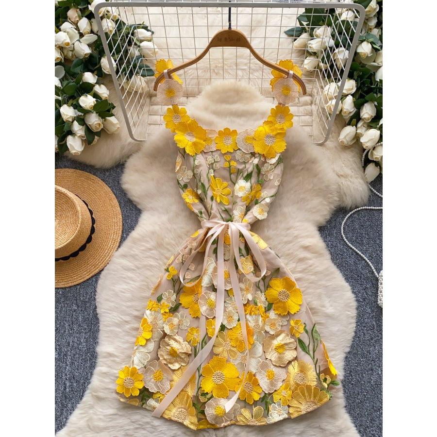 Floral Tie Waist Mini Dress Yellow / M Apparel and Accessories