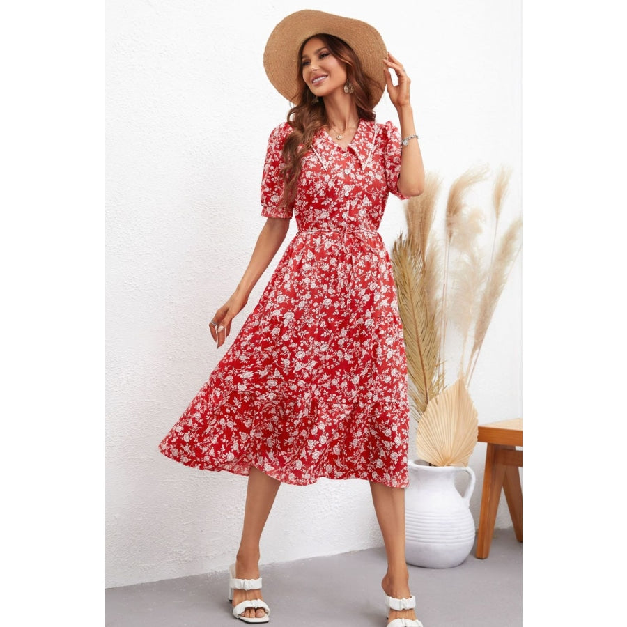 Floral Tie Waist Puff Sleeve Midi Dress Deep Red / S