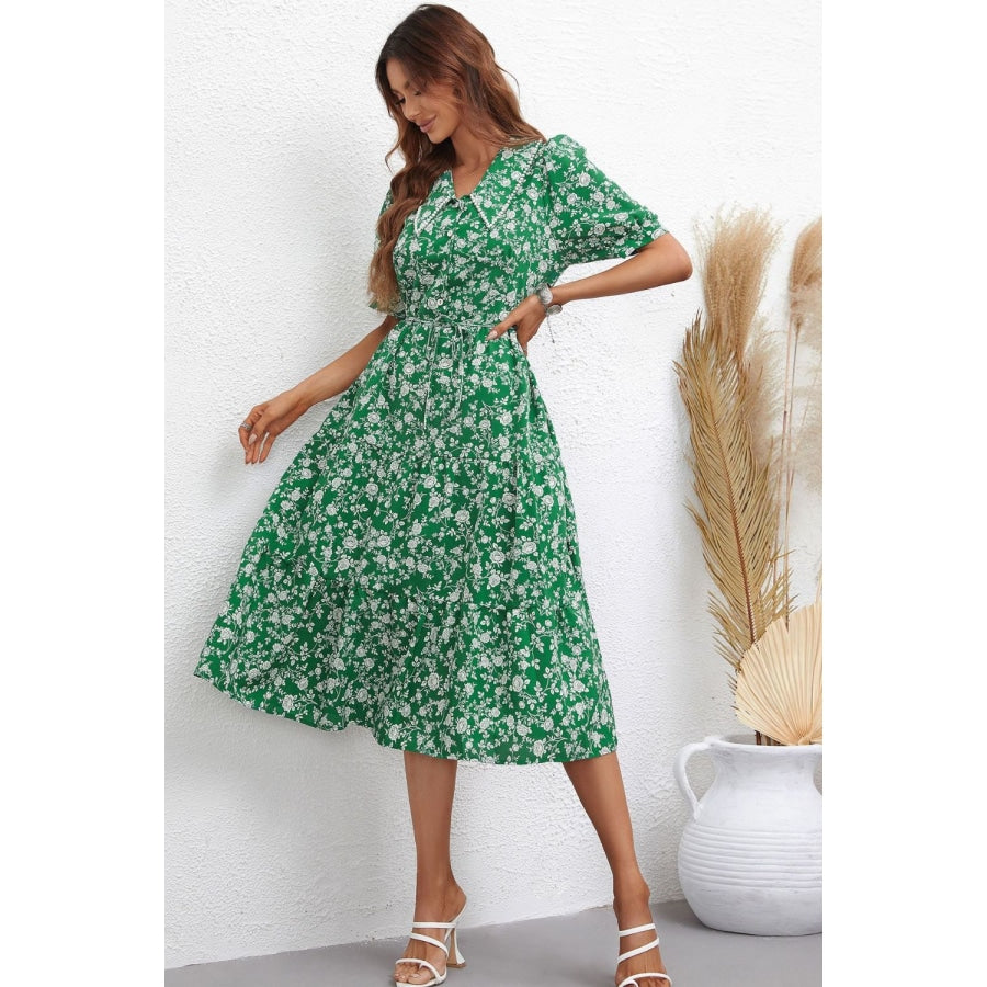 Floral Tie Waist Puff Sleeve Midi Dress Mid Green / S