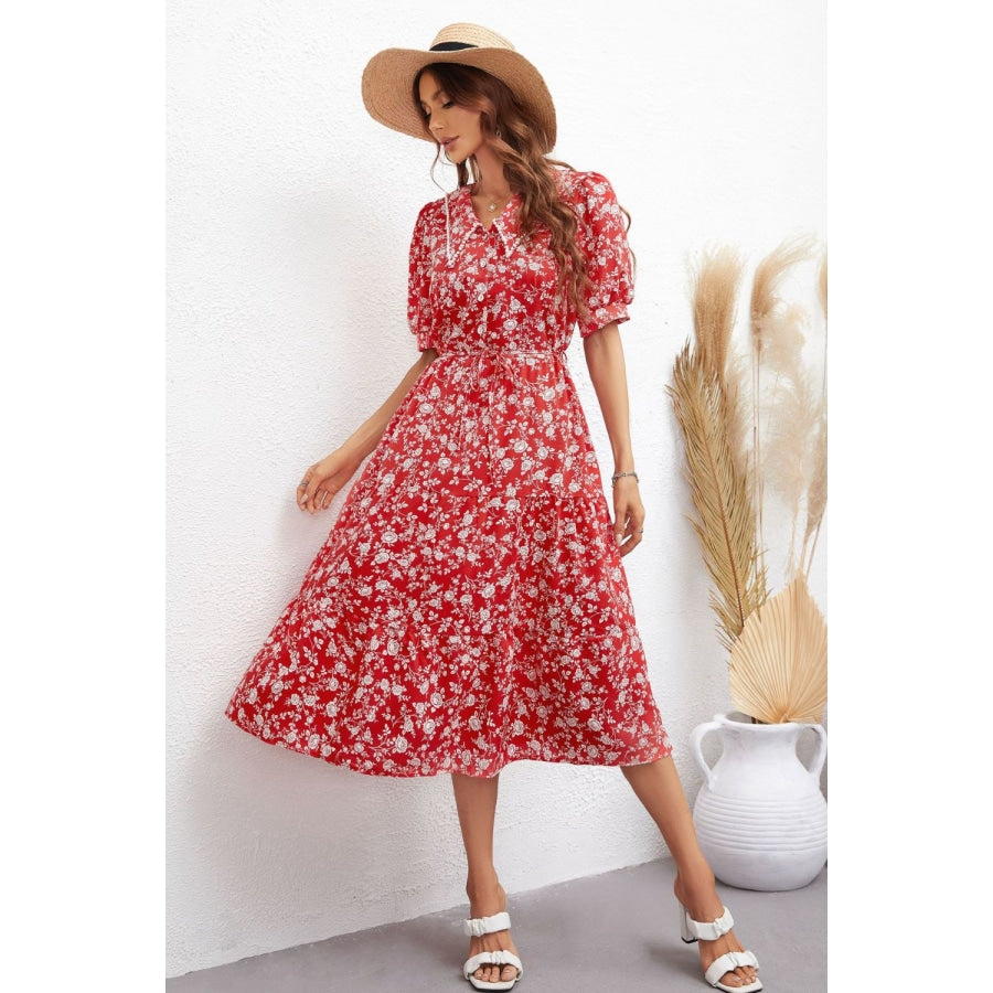 Floral Tie Waist Puff Sleeve Midi Dress