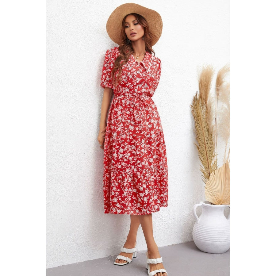 Floral Tie Waist Puff Sleeve Midi Dress