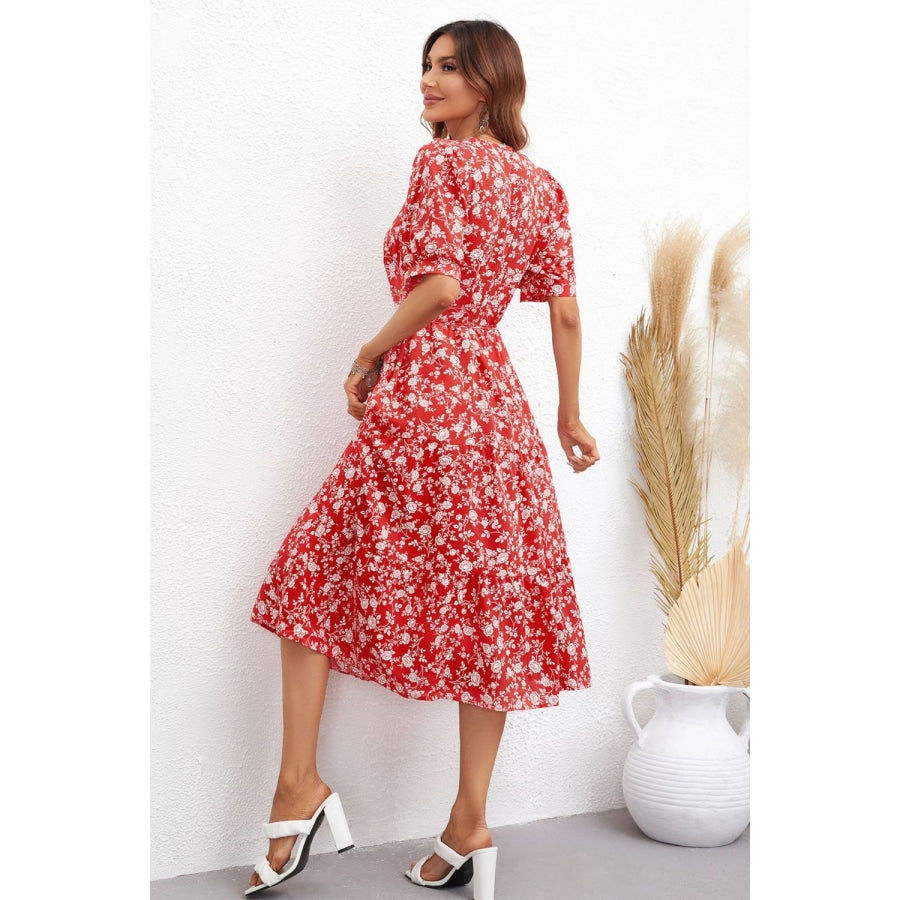 Floral Tie Waist Puff Sleeve Midi Dress