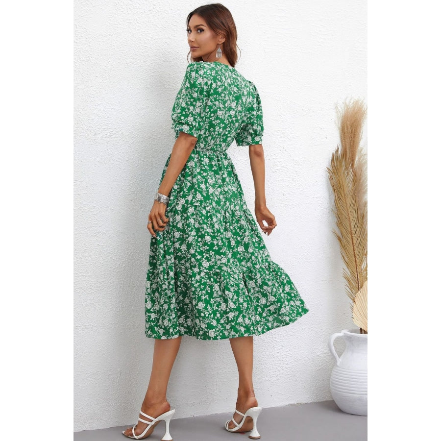 Floral Tie Waist Puff Sleeve Midi Dress