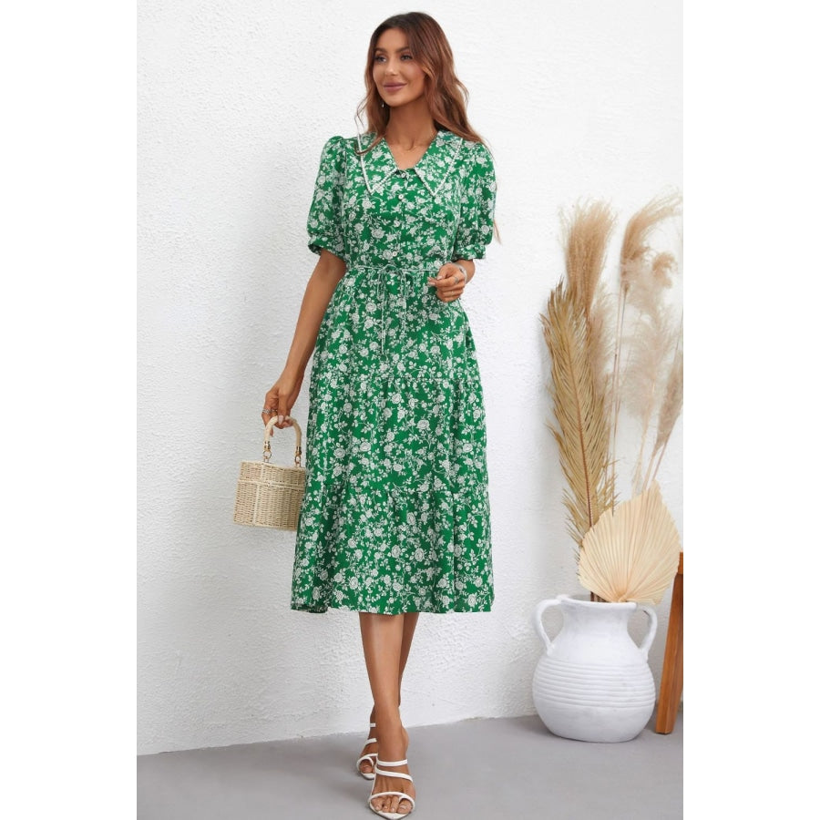 Floral Tie Waist Puff Sleeve Midi Dress