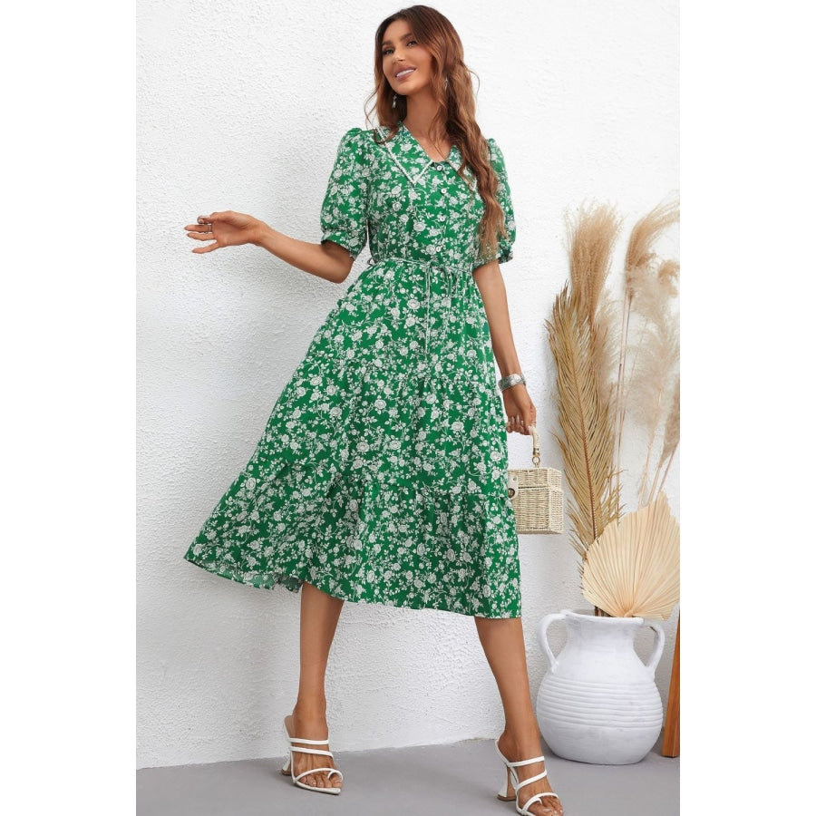 Floral Tie Waist Puff Sleeve Midi Dress