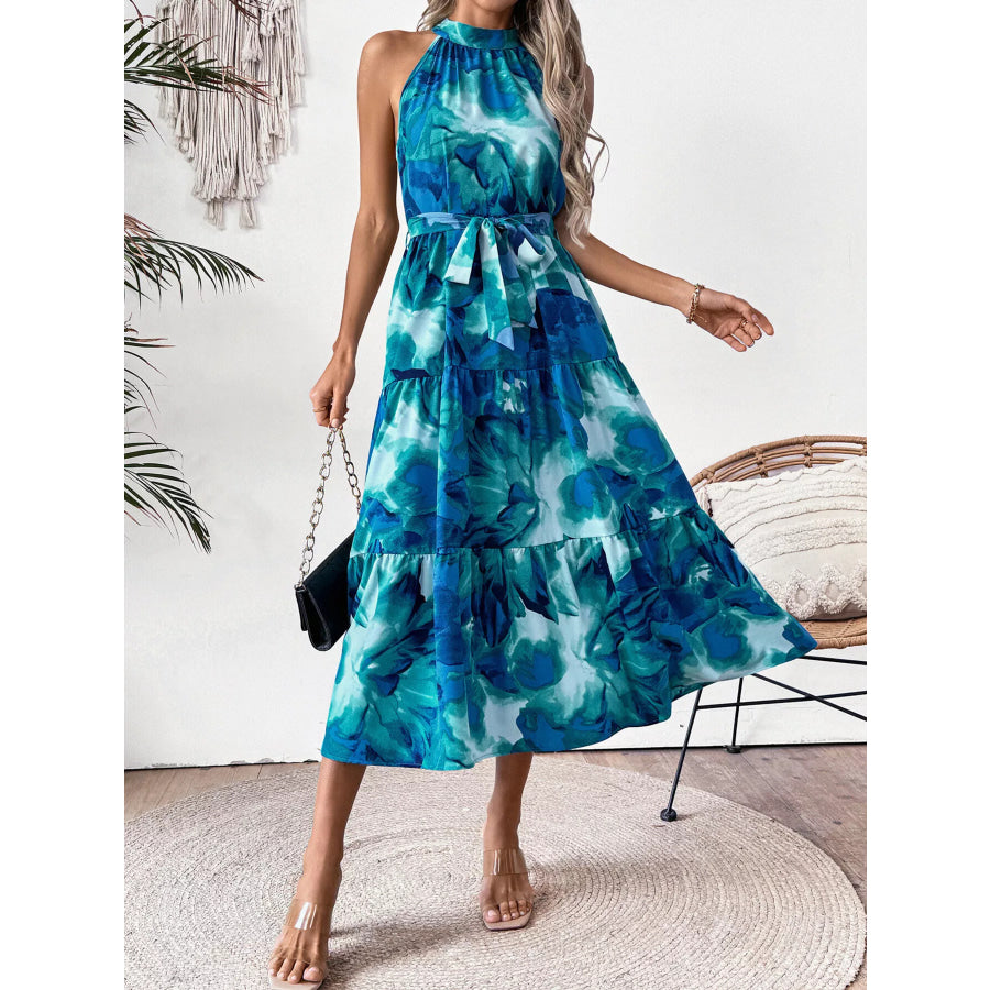 Floral Tie-Waist Tiered Midi Dress Blue / S Apparel and Accessories